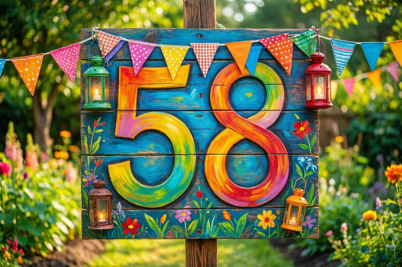 Een houten bord met het getal 58 in regenboogkleuren staat in een tuin met vlaggetjes, brandende lantaarns, groen en bloemen.
