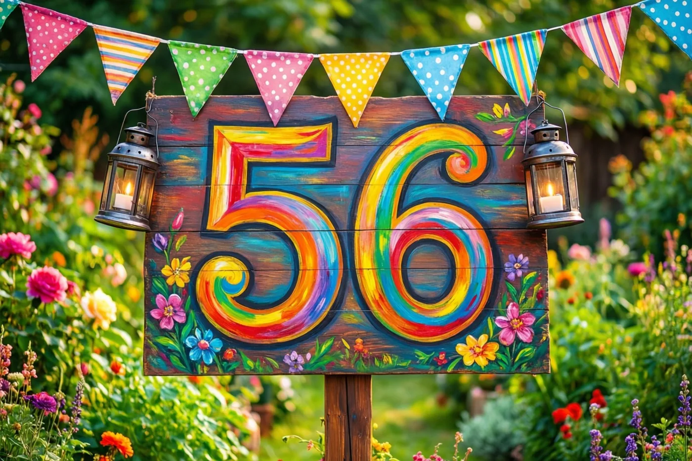 Een houten bord met 56 in golvende regenboogkleuren staat tussen twee brandende lantaarns in een tuin met bloemen, groen en vlaggetjes erboven.