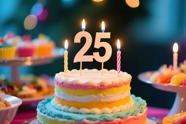 Een taart met meerdere verdiepingen en regenboogkleurig glazuur draagt brandende kaarsen en een grote papieren 25, met onscherpe lekkernijen en lichtjes op de achtergrond.
