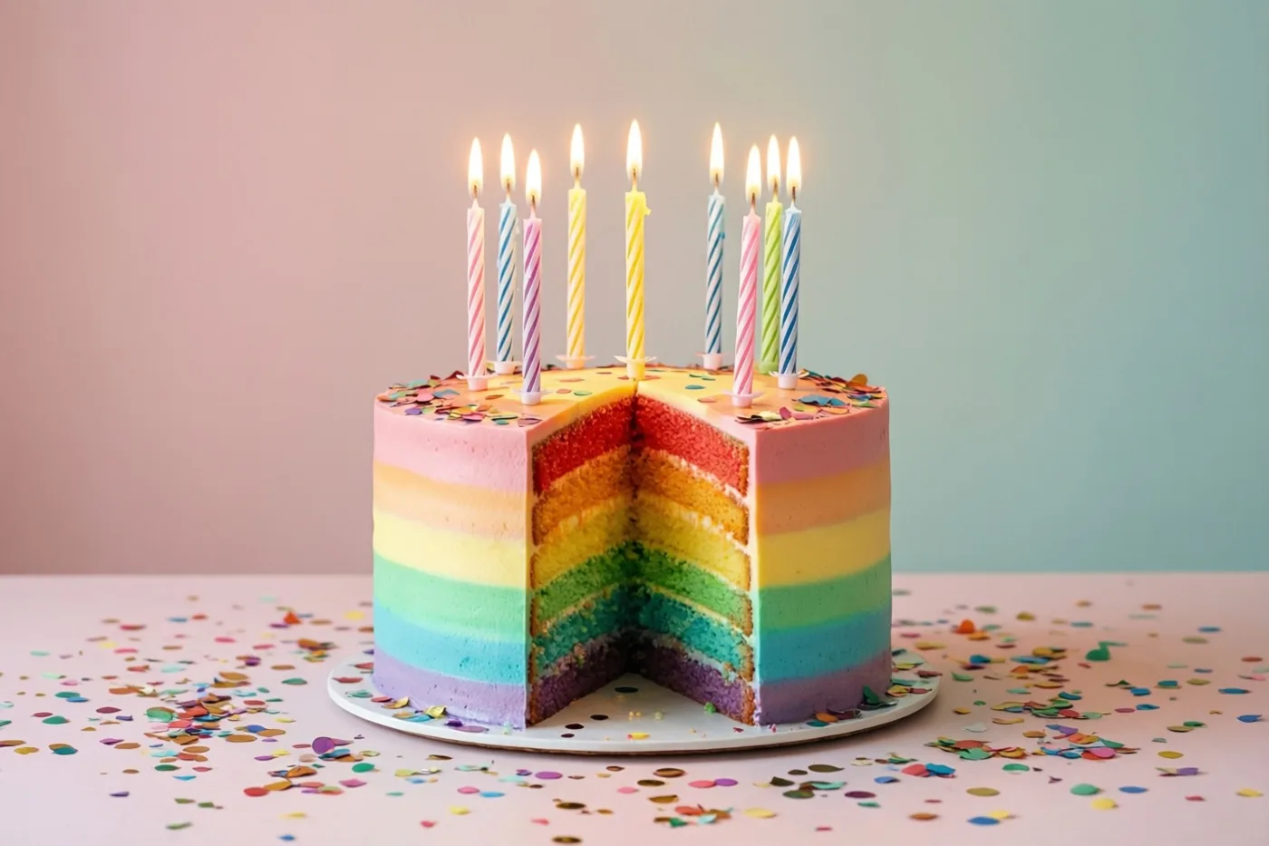 Een regenboogtaart met een ontbrekend stuk en brandende kaarsen staat tussen kleurrijke confetti op een roze ondergrond tegen een achtergrond die van roze naar blauwgroen verloopt.