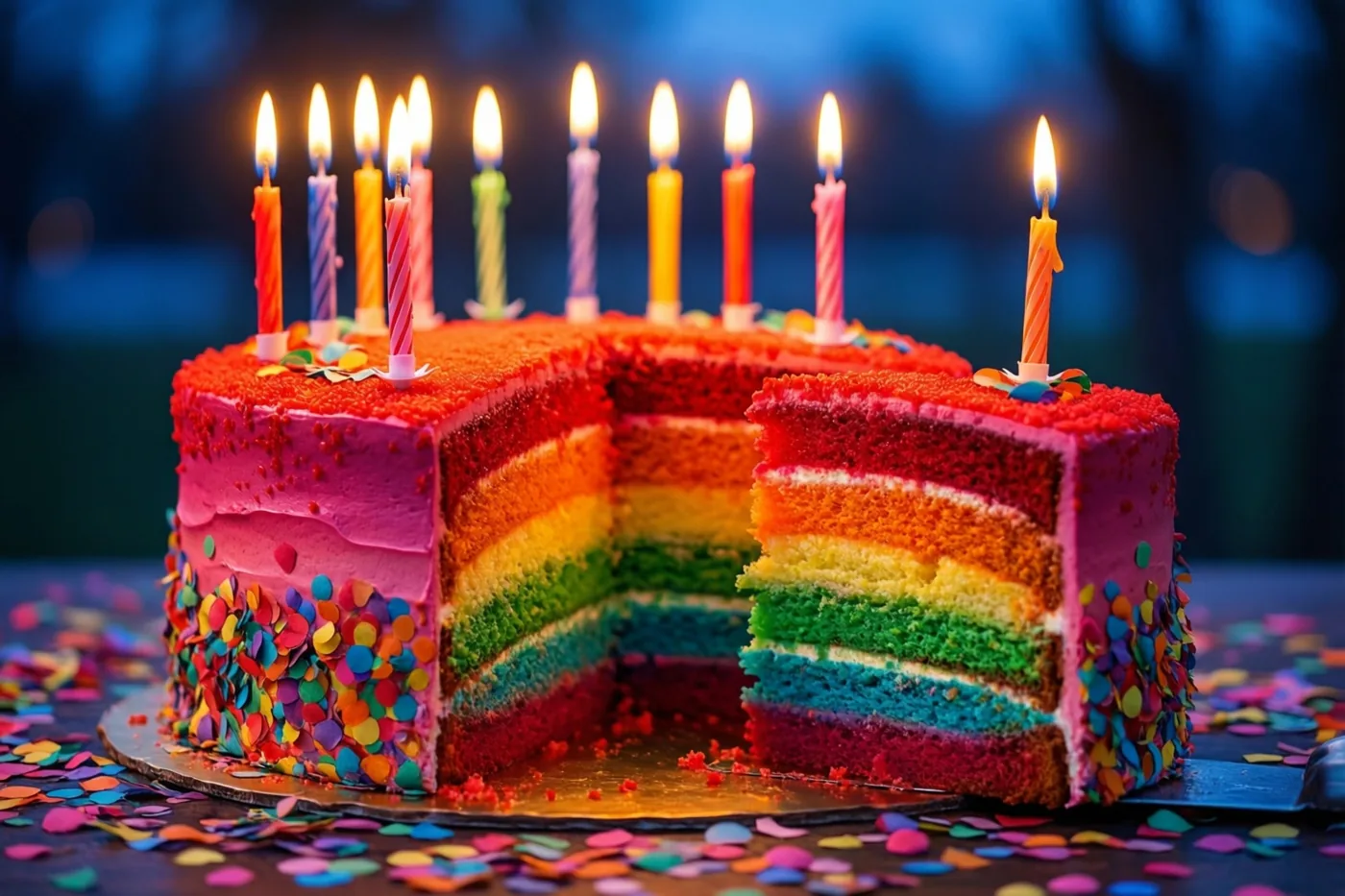 Een regenboogtaart waaruit een stuk is gesneden staat met brandende kaarsen op een met confetti bedekte ondergrond tegen een donkerblauwe wazige achtergrond.