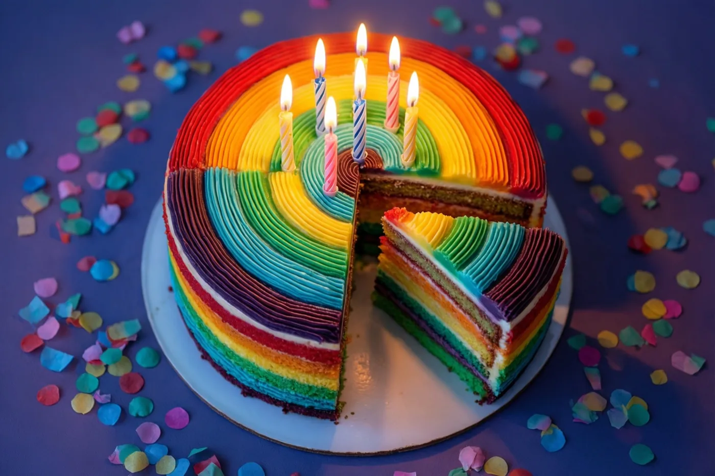 Een regenboogtaart met een uitgesneden stuk en brandende kaarsen staat op een wit bord tussen confetti tegen een dieppaarse achtergrond.