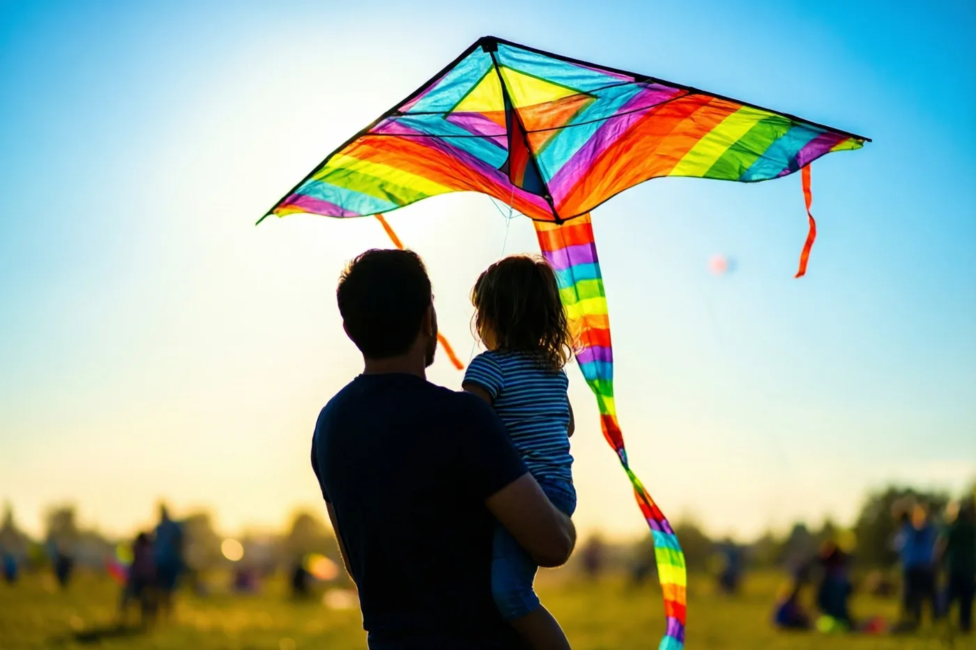 Een vader houdt een kind vast terwijl ze in een zonnig veld naar een regenbooggestreepte vlieger tegen de blauwe lucht kijken, met onscherpe mensen op de achtergrond.