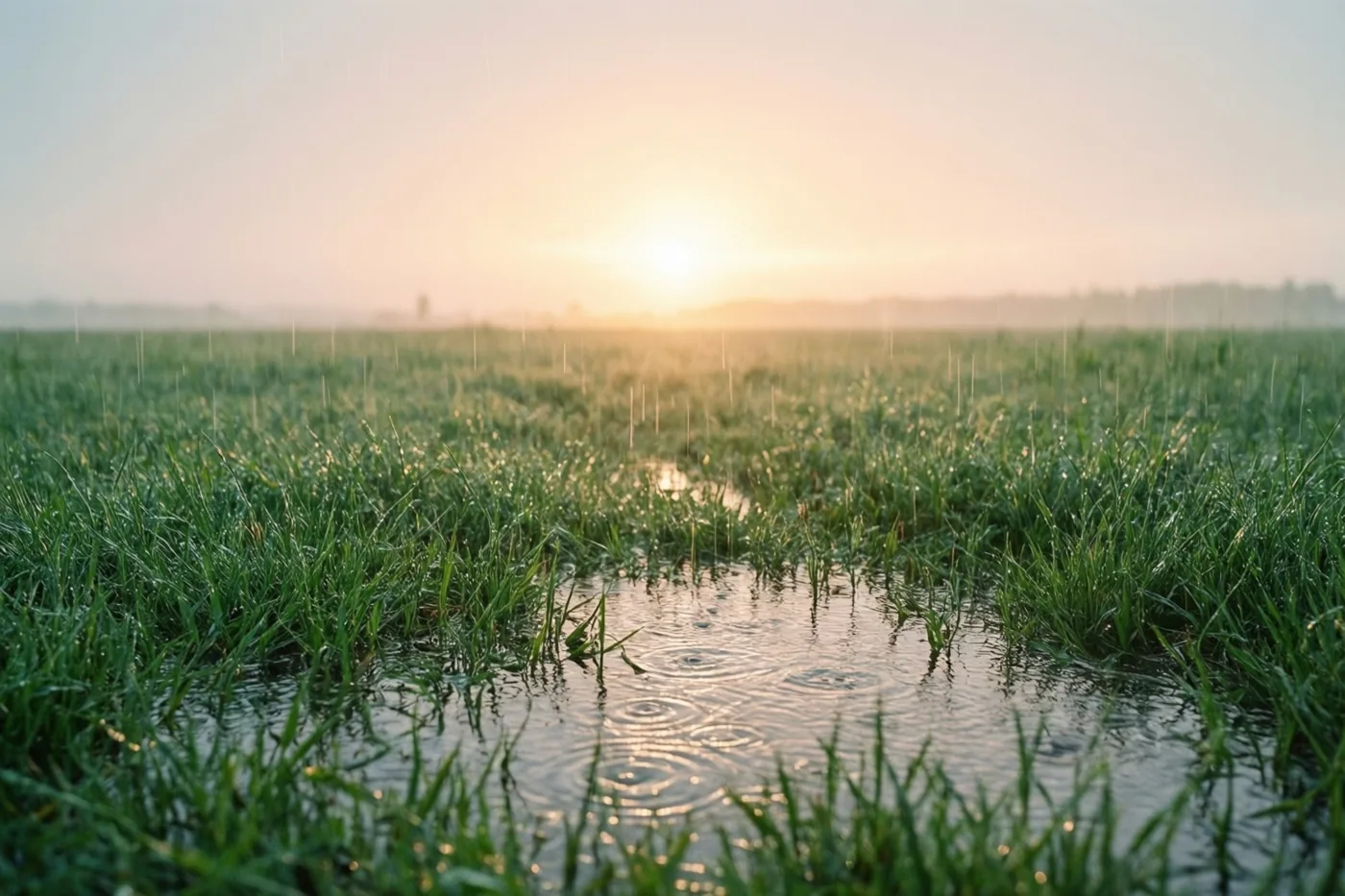 Van laag bij de grond zie je regendruppels in een plas op een natte groene weide vallen, met de opkomende zon in de verte.