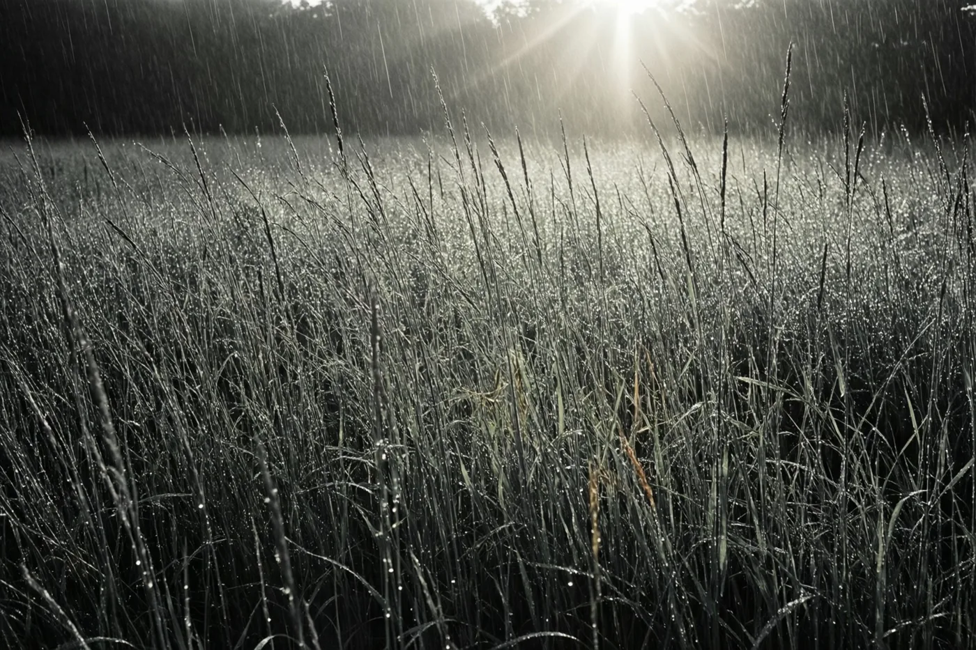 Regendruppels op hoog gras glinsteren in het tegenlicht van de zon die na een storm door de wolken breekt, in een monochroom beeld met sterke contrasten.