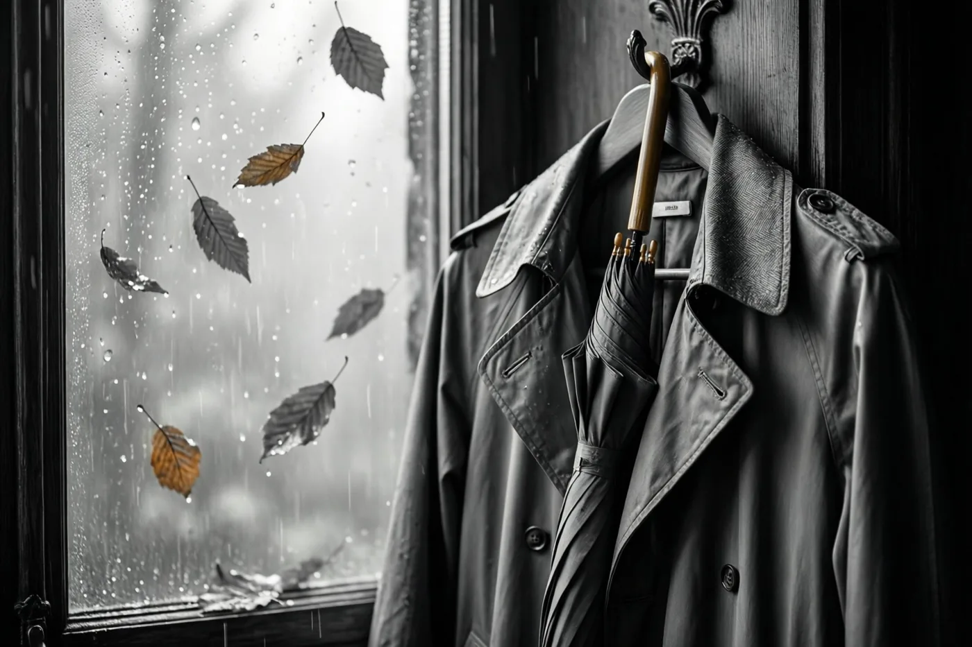 Een oude regenjas en een paraplu hangen aan een haak naast een raam met regendruppels en vallende herfstbladeren, in een monochroom beeld met één warmbruin blad als kleuraccent.