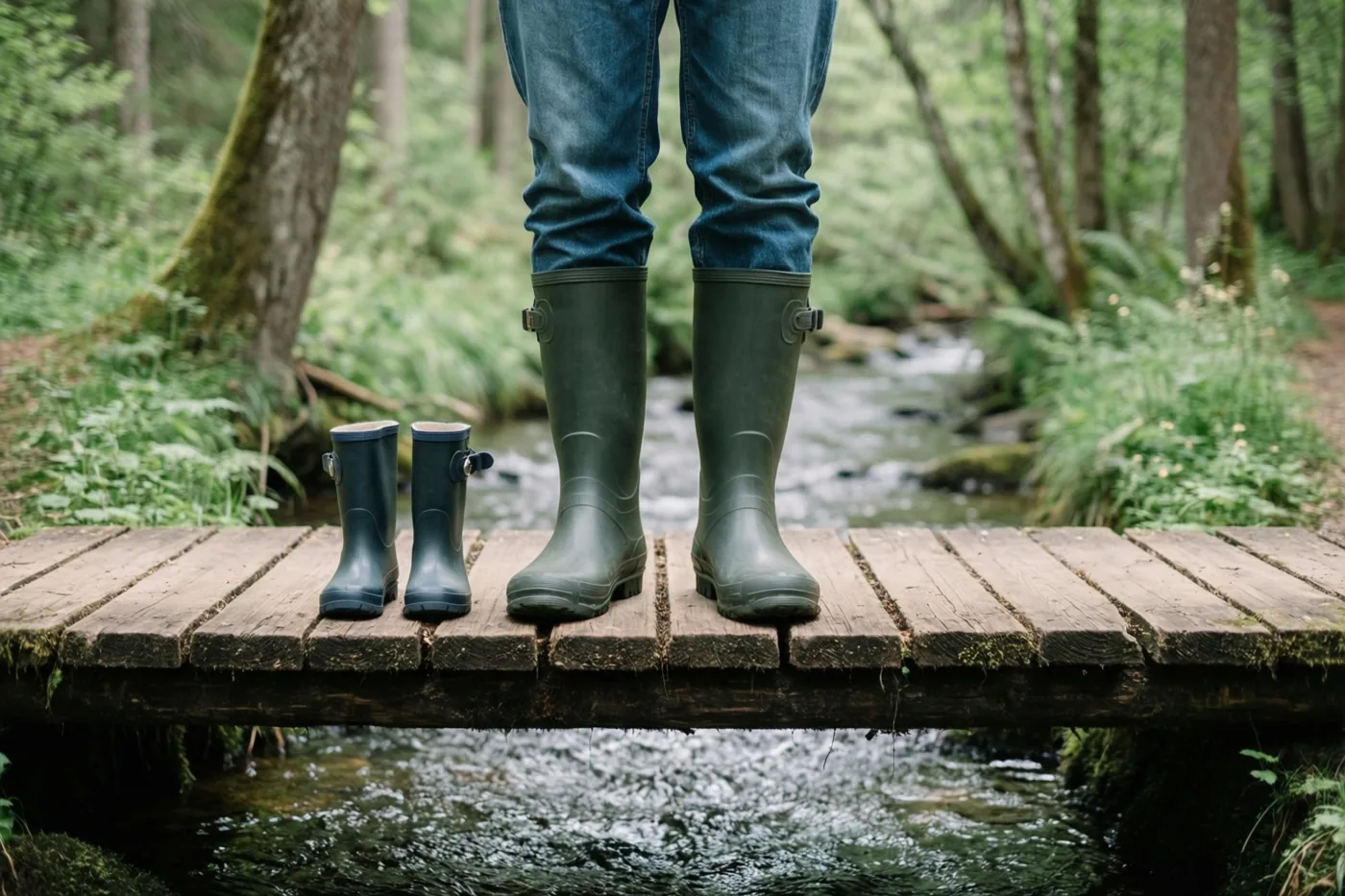 Een paar grote groene regenlaarzen en een paar kleine kinderlaarzen staan naast elkaar op een houten brug over een beek in een groen bos.
