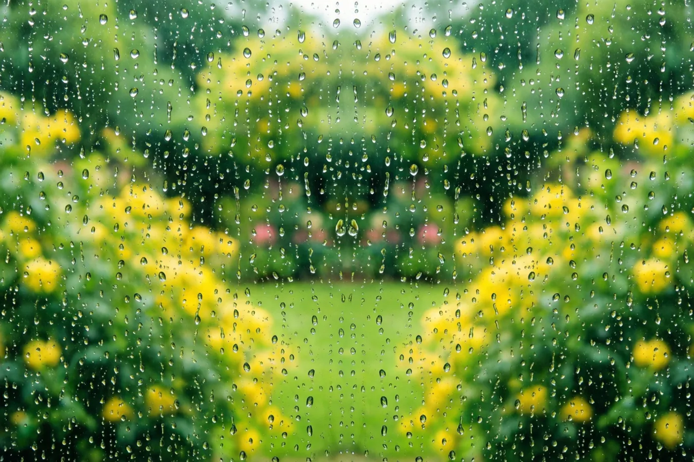 Regendruppels lopen over een raam, met daarachter een wazig zicht op gele bloemen en groen in een tuin.
