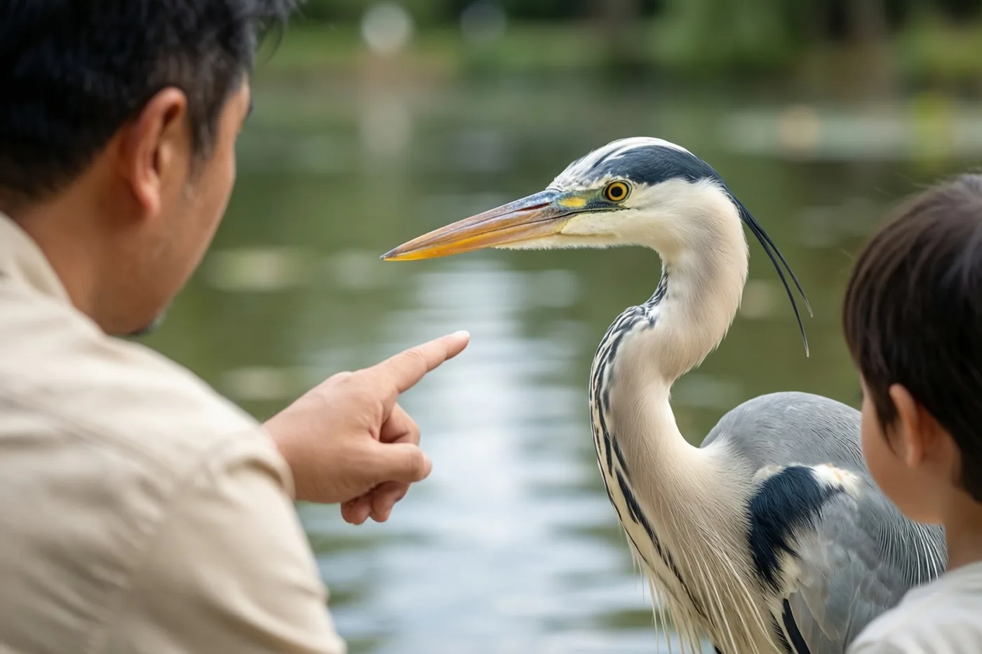 Een vader en kind staan van achteren gezien aan de rand van een vijver, terwijl de vader naar een grijze reiger wijst.