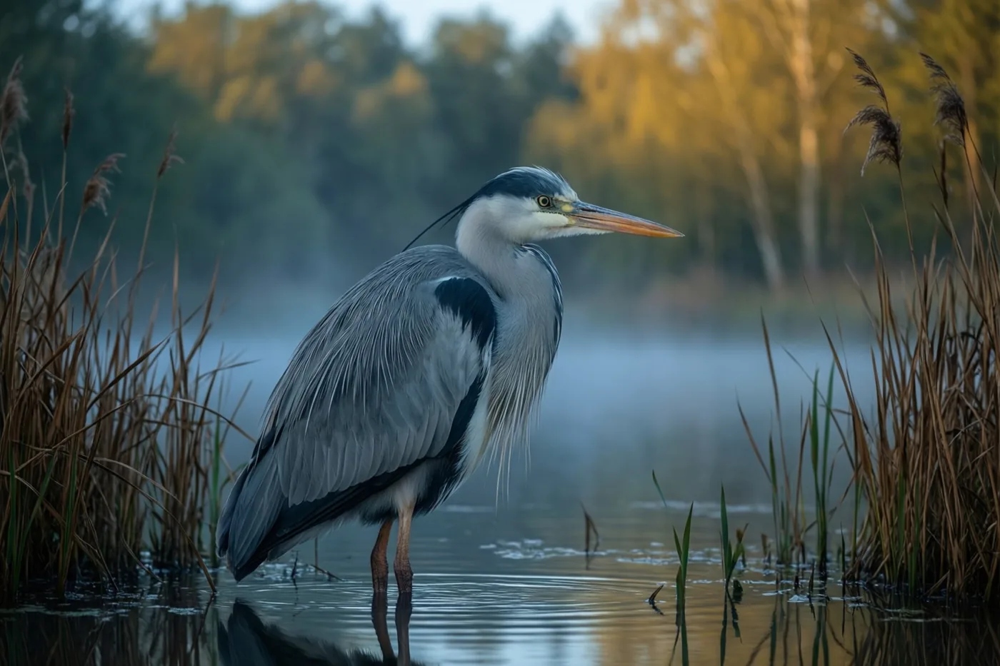 Een blauwe reiger staat in ondiep water tussen bruin riet, met een mistige vijver en goudkleurige bomen op de achtergrond in koele blauwe en warme gouden tinten.