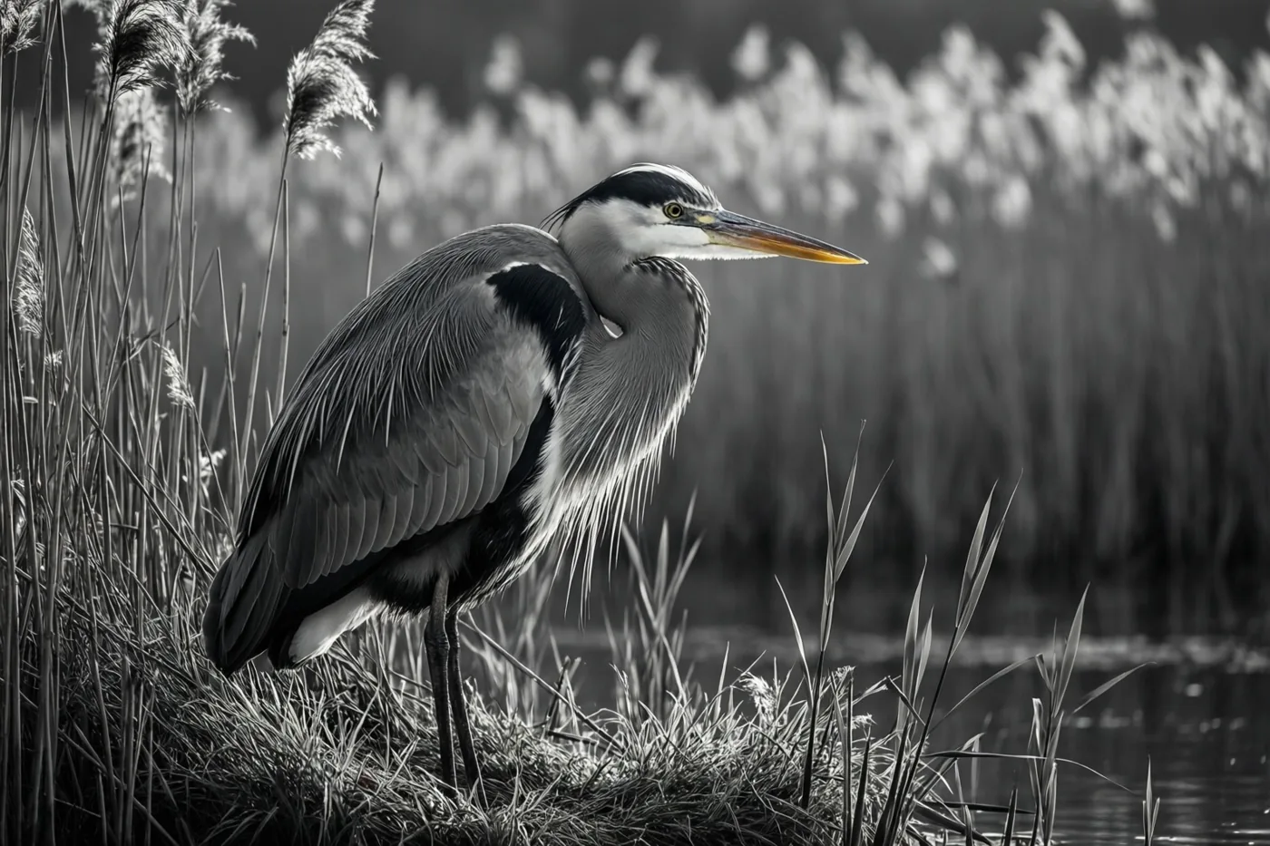 Een blauwe reiger staat roerloos tussen hoog gras en water aan een rietkraag, in zwart-wit met alleen een geel accent op de snavel.