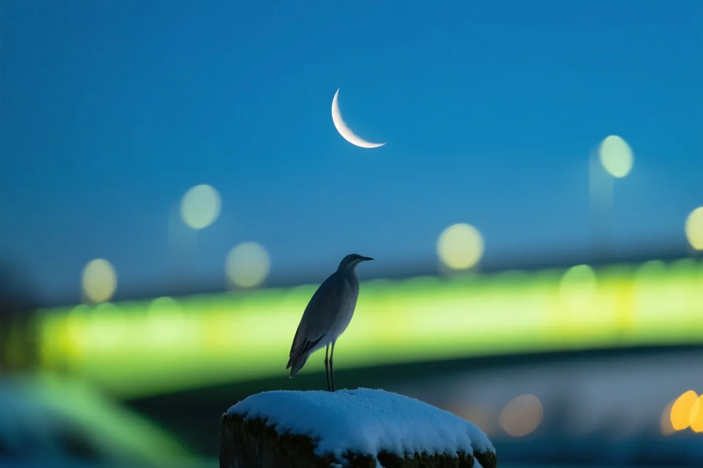 Een grijze reiger staat op een besneeuwde paal onder een diepblauwe winteravondlucht met een maansikkel, met wazige groene en gele lichtjes op de achtergrond.