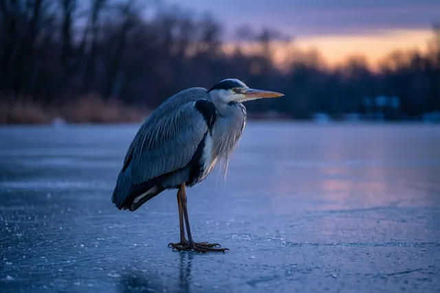 Reiger bij winters avondlicht