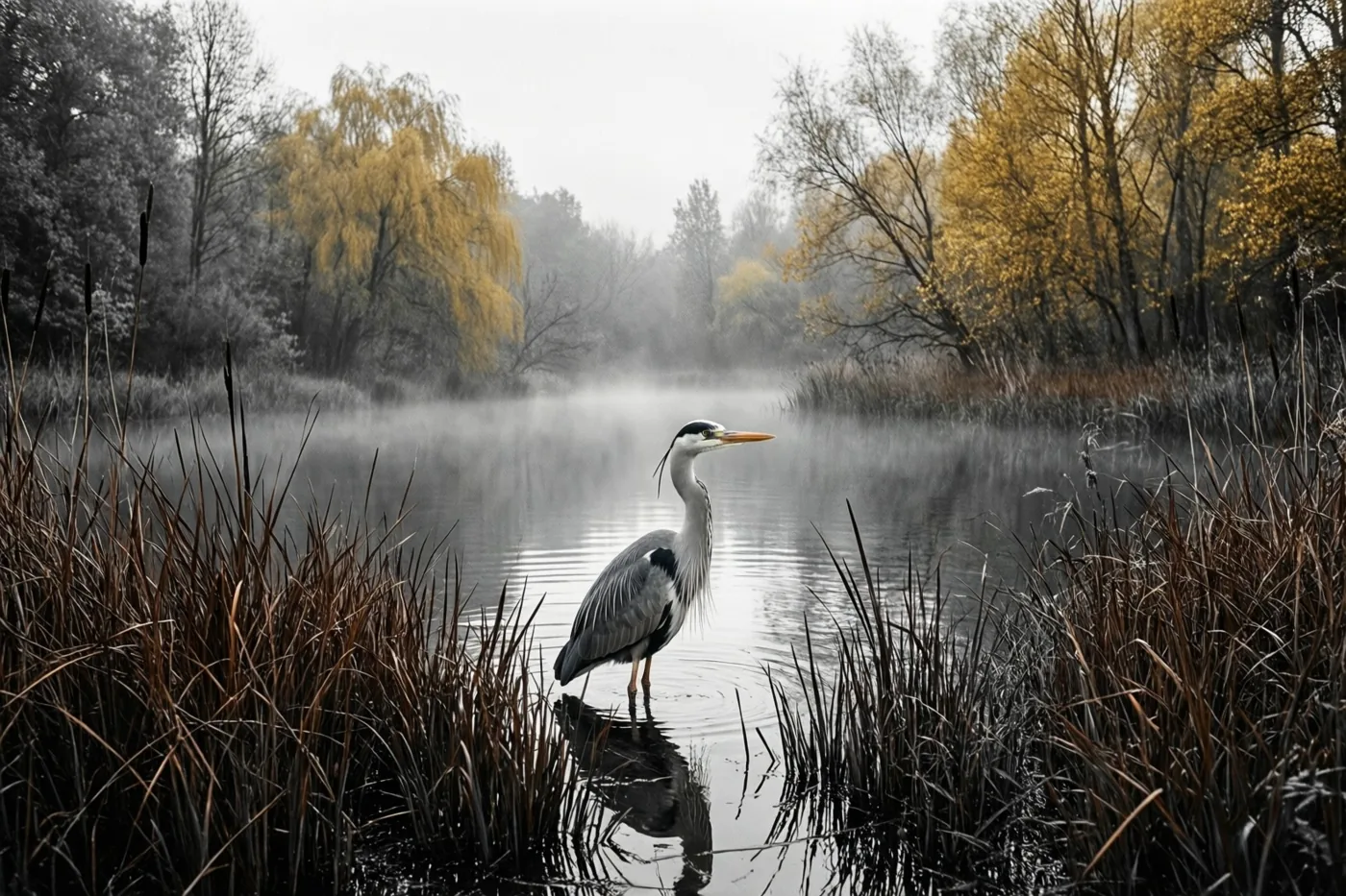 Een blauwe reiger staat in ondiep water tussen bruin riet in een mistige vijver, met goudkleurige herfstbomen onder een bewolkte hemel op de achtergrond.