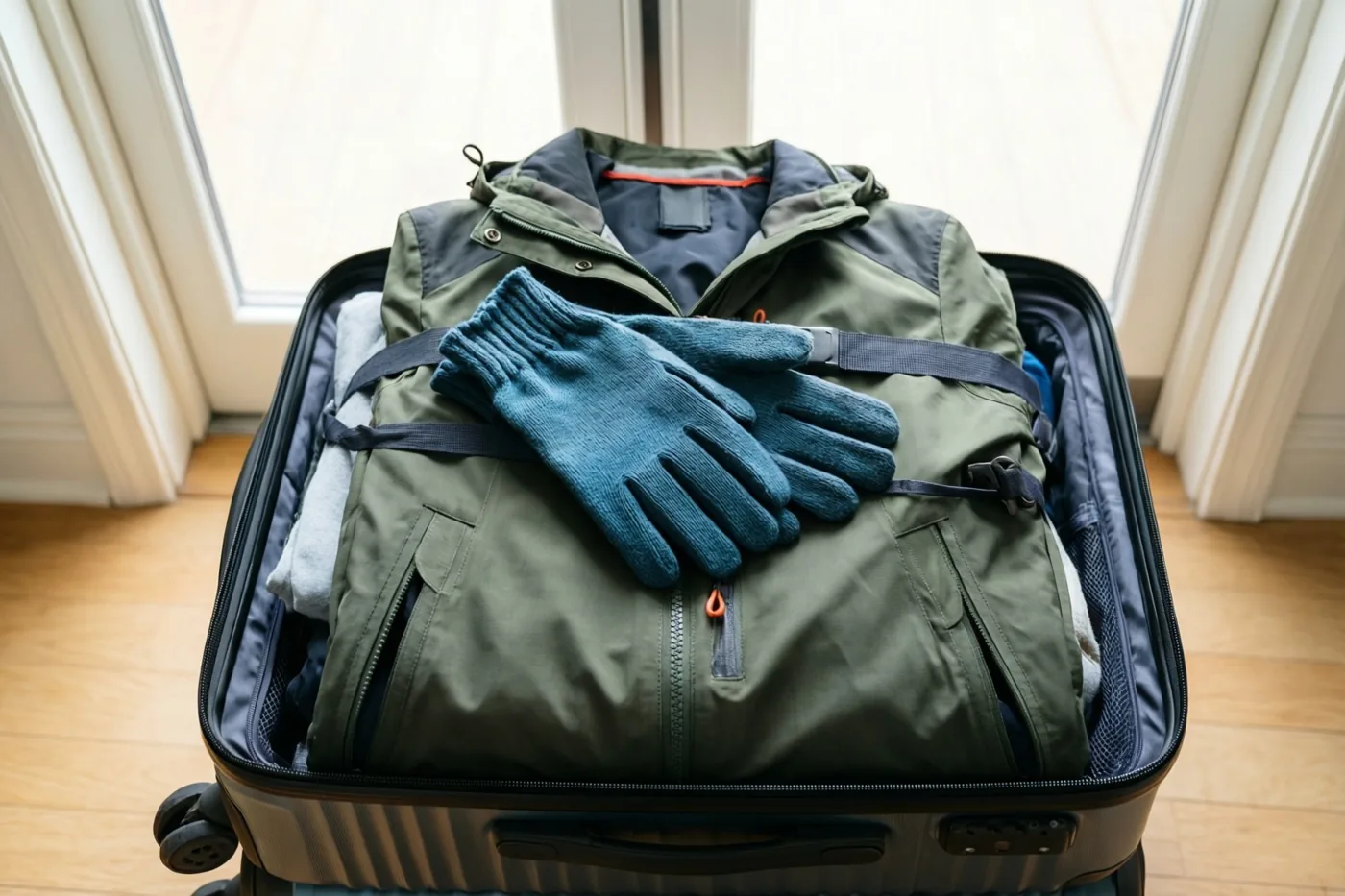 Een opgevouwen olijfgroene reisjas en blauwe gebreide handschoenen liggen op een ingepakte koffer bij een deur, met een houten vloer en zacht raamlicht op de achtergrond.