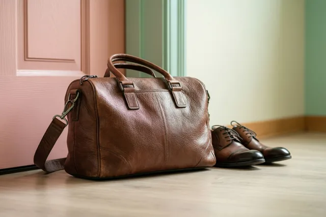 Een bruine leren reistas en gepoetste bruine geklede schoenen staan op een lichte houten vloer naast een roze deur.