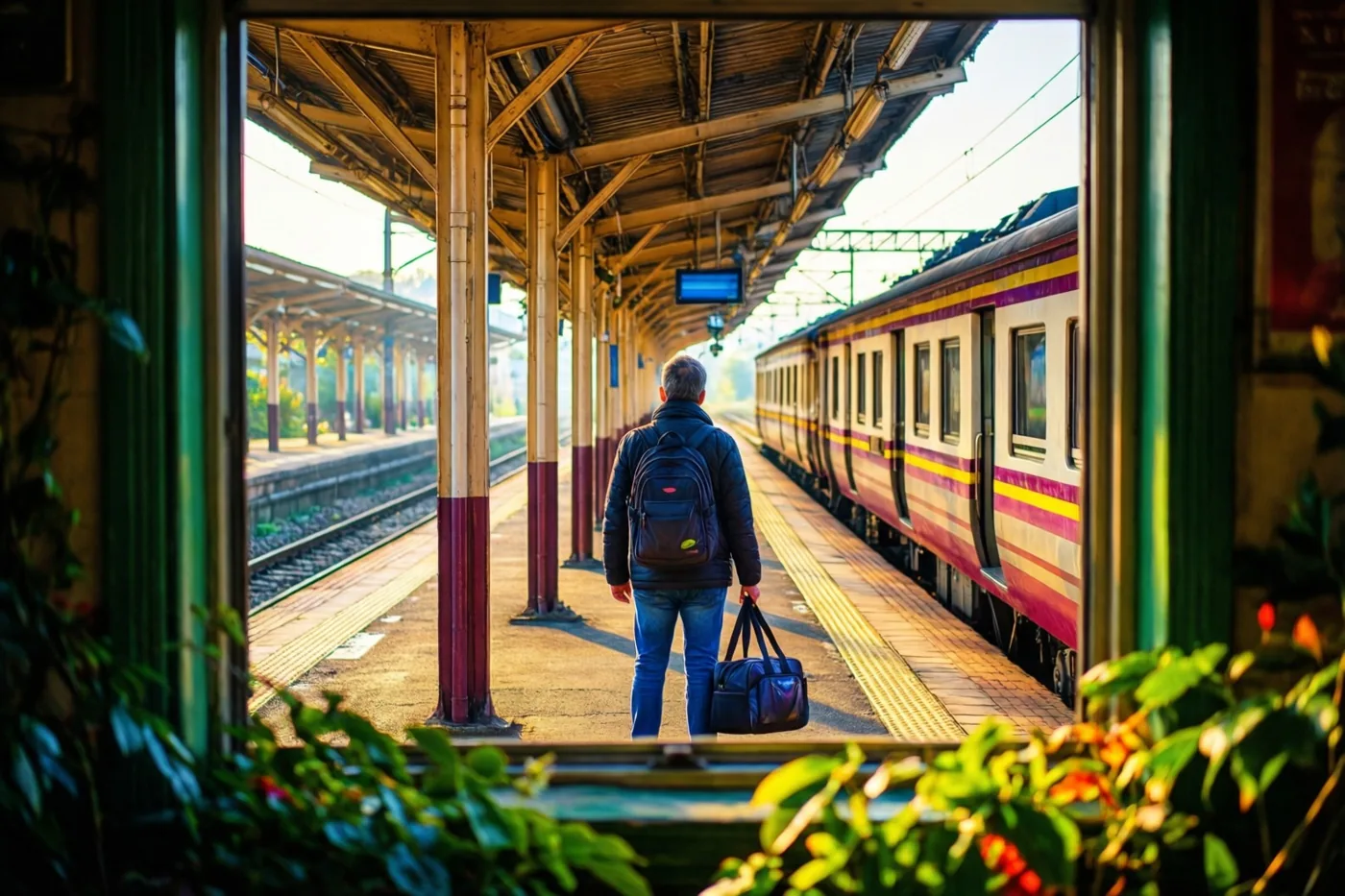 Een persoon met een tas staat op een overdekt perron tegenover een stilstaande trein, gezien door een raam met groen langs de randen in warm ochtendlicht.