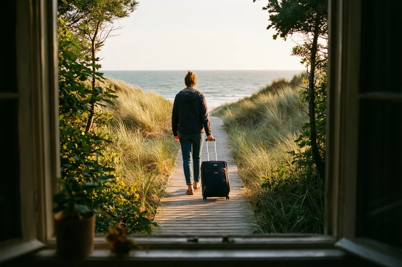 Door een open raam is van achteren een persoon te zien die een koffer over een houten pad door grasduinen naar zee trekt in gouden licht.