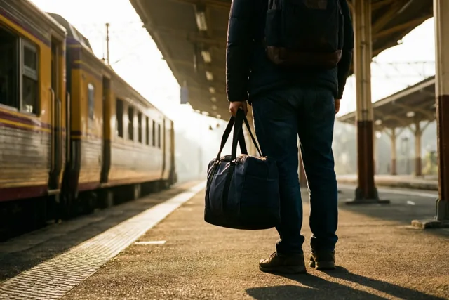 Een persoon staat met de rug naar de kijker en een donkerblauwe reistas op een overdekt perron, tegenover een gele en bordeauxrode trein in ochtendlicht.