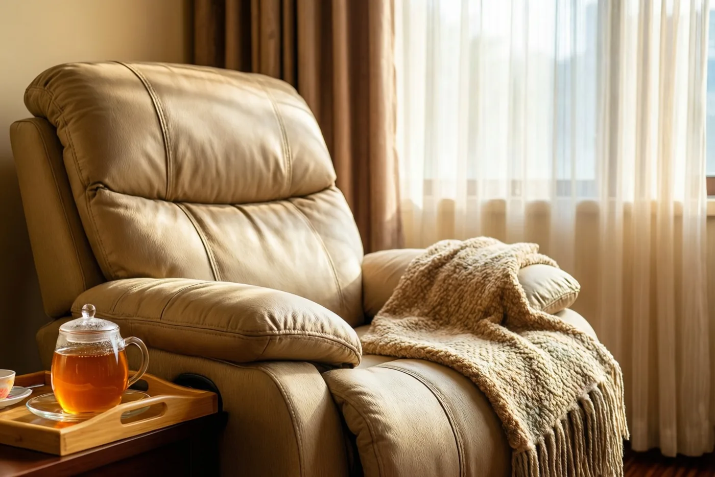 Een beige relaxzetel met een deken met reliëf staat bij een raam met doorschijnende gordijnen, naast een bijzettafel met een houten dienblad en een glazen theepot met honingthee.