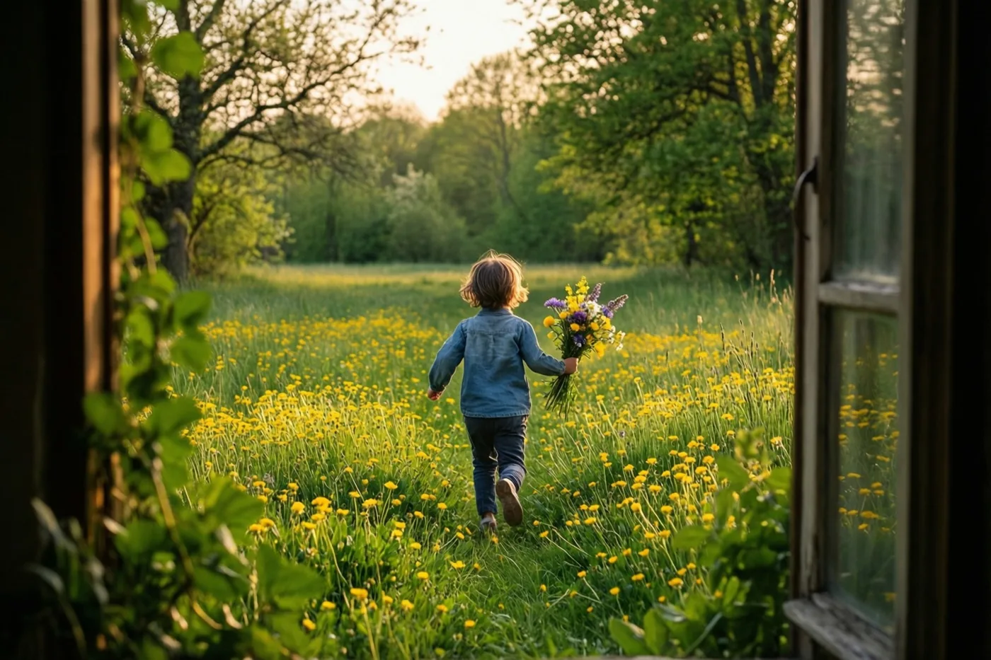 Door een open raamkozijn met groen ervoor is een kind van achteren te zien dat met een kleurrijk boeket door een zonnige weide vol gele boterbloemen rent.