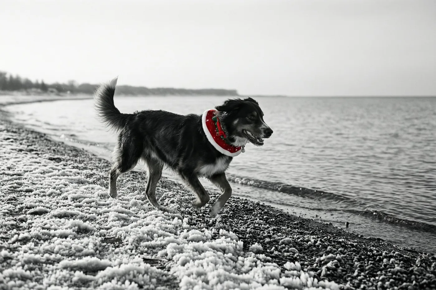 Een hond met een rode kersthalsband rent langs een berijpte vloedlijn op een zwart-witfoto waarin alleen de halsband kleur heeft.