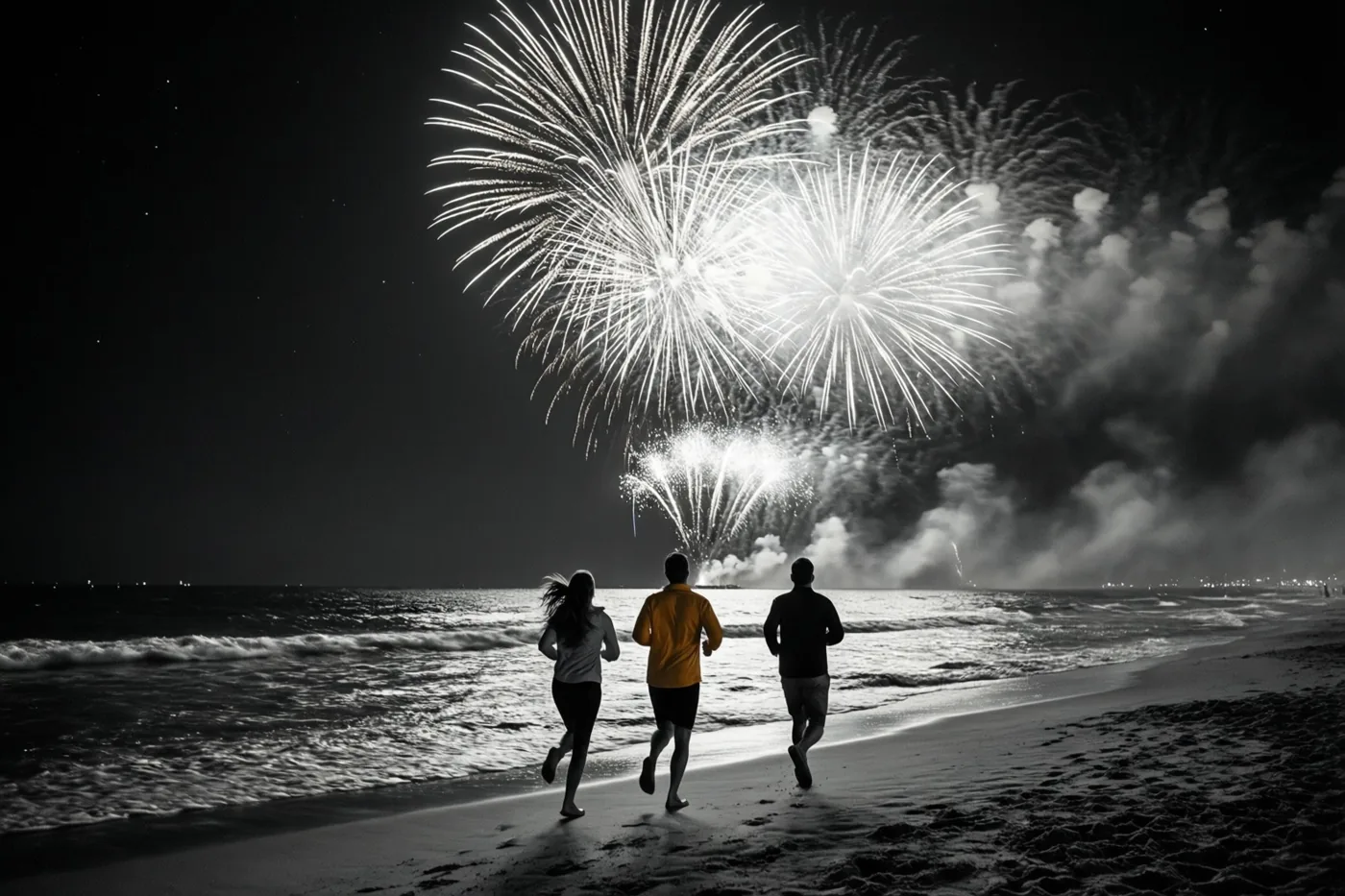 Drie mensen rennen over het strand richting zee onder nachtelijk vuurwerk, in zwart-wit met één geel shirt als enig kleuraccent.
