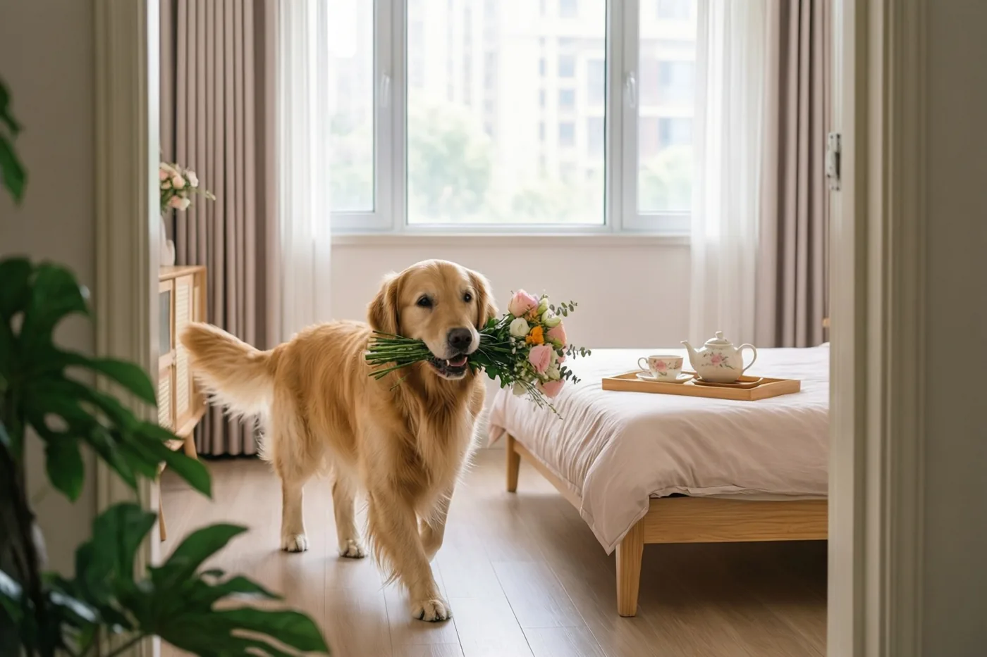 Een golden retriever loopt met een boeket in zijn bek naar een bed in een lichte moderne slaapkamer met een lichte houten vloer.