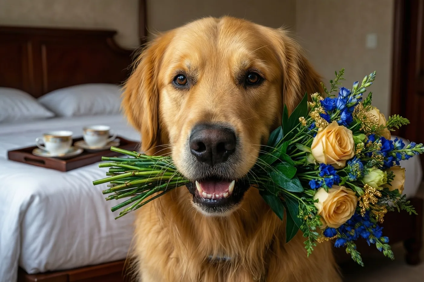 Een golden retriever houdt een boeket blauwe en gele bloemen in zijn bek voor een bed met een dienblad met theekopjes, in een slaapkamer met beige muren en houten meubels.