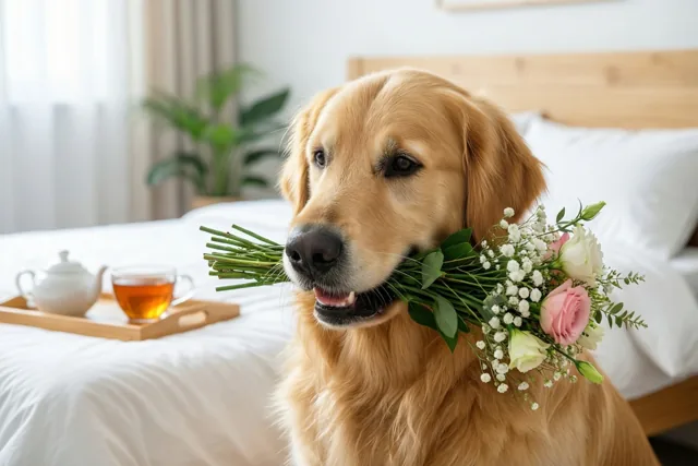 Een retriever brengt beterschapsbloemen