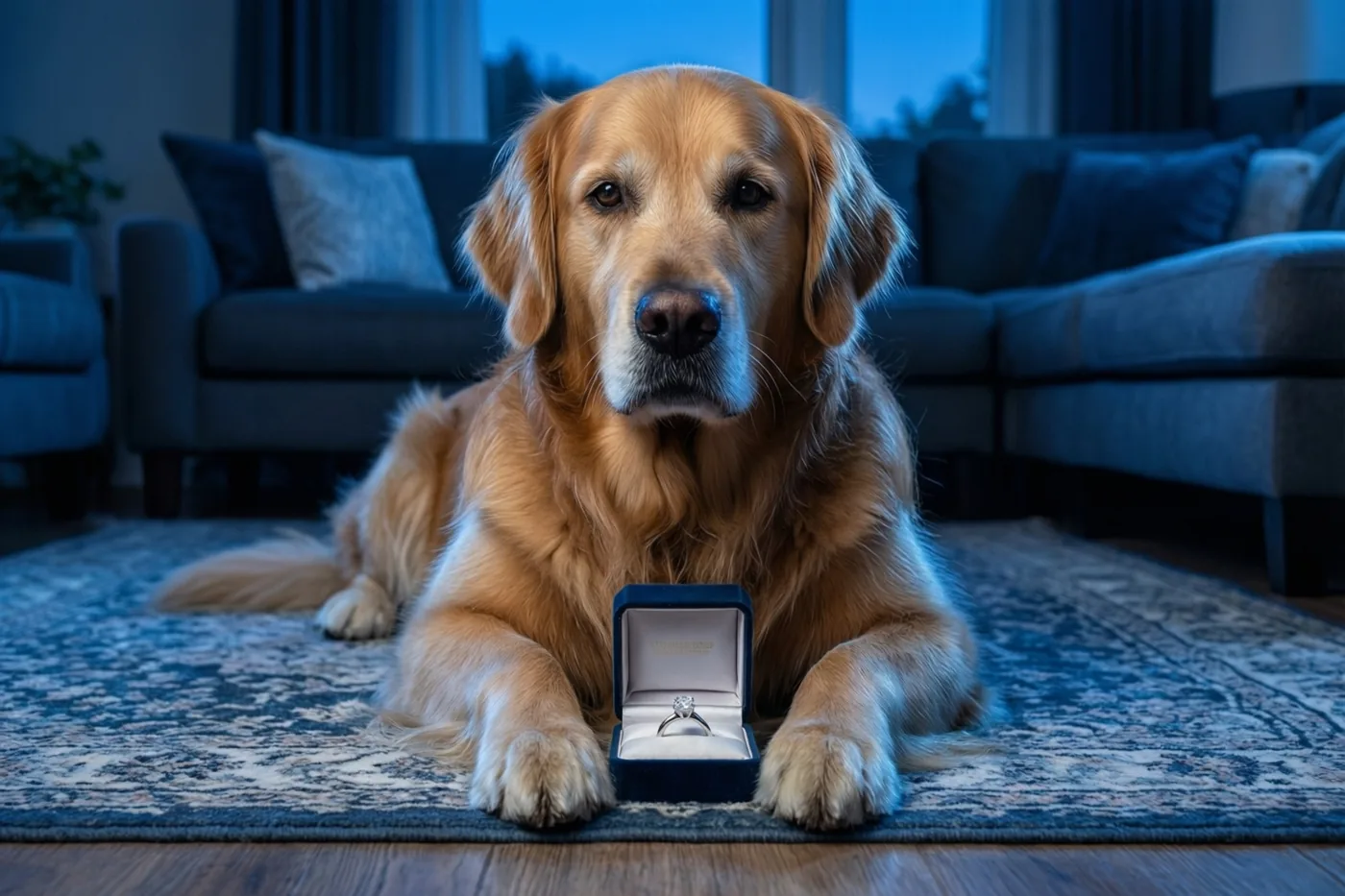 Een golden retriever ligt op een tapijt met een patroon, met tussen zijn poten een open doosje met een ring met één steen, in een schemerige woonkamer met blauwe tinten in de meubels en gordijnen.