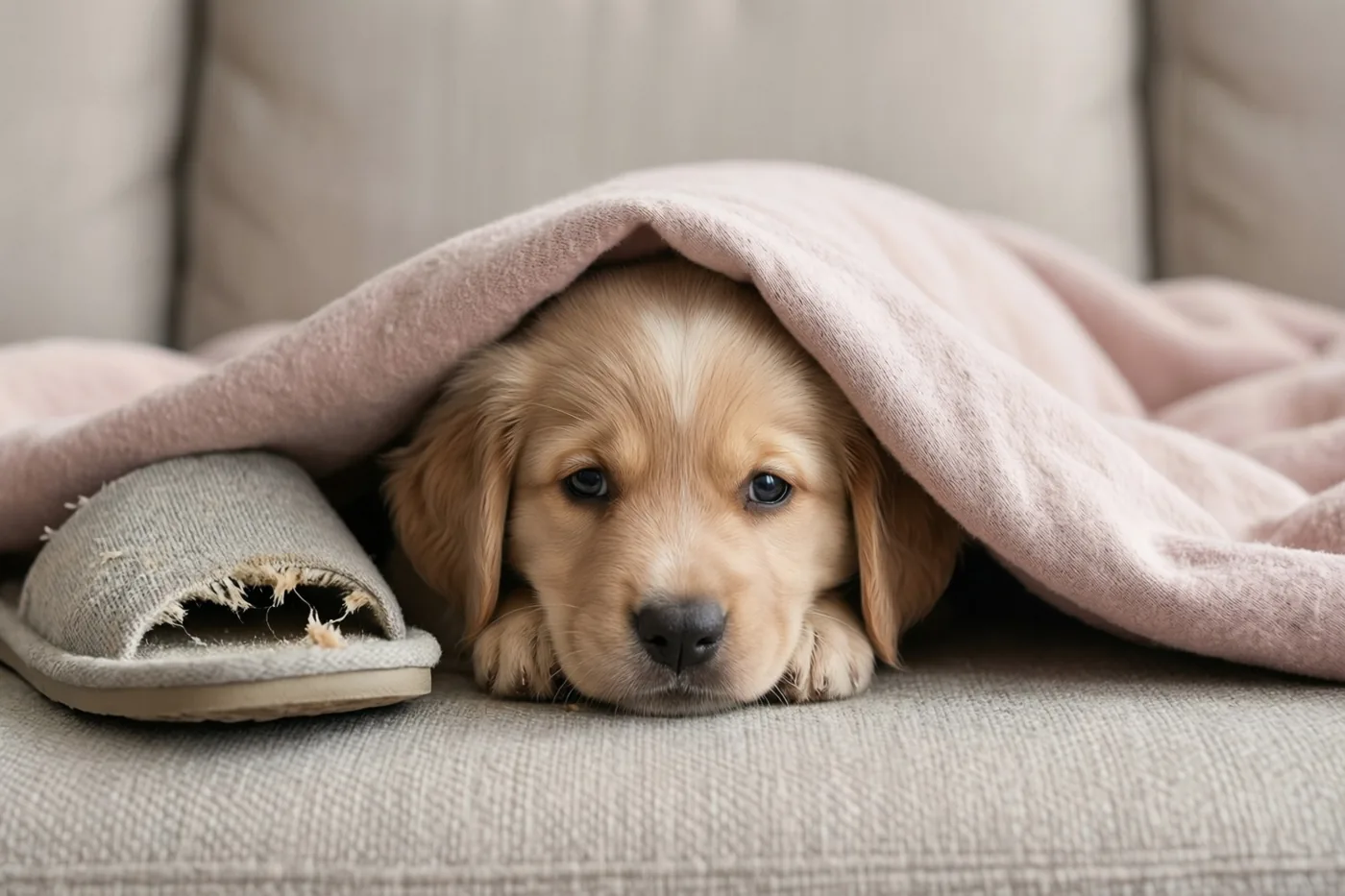 Een goldenretrieverpuppy kijkt van onder een roze deken op een beige zetel, naast een aangeknaagde pantoffel.