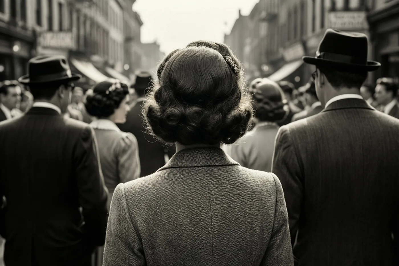 Een zwart-witfoto toont mensen in kleding uit de jaren vijftig die van achteren door een stadsstraat lopen, met aandacht voor het kapsel en de mantel van een vrouw.