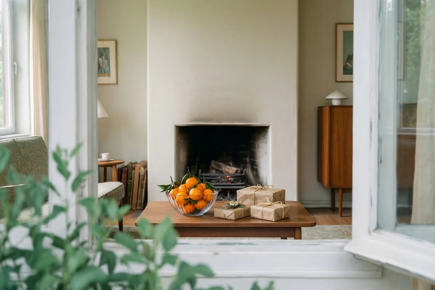 Door een raam is een woonkamer in jarenzestigstijl te zien met een haard, ingelijste kunst en een houten salontafel met een glazen schaal mandarijnen en kleine ingepakte cadeautjes.