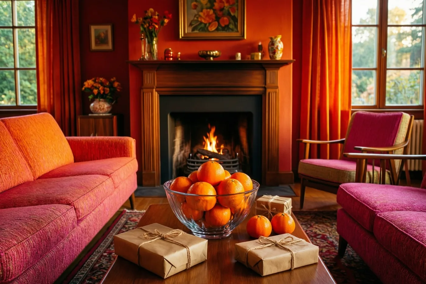 Een woonkamer in jarenzestigstijl heeft een brandende haard, rode en oranje meubels en een houten salontafel met een glazen schaal mandarijnen en ingepakte cadeautjes.