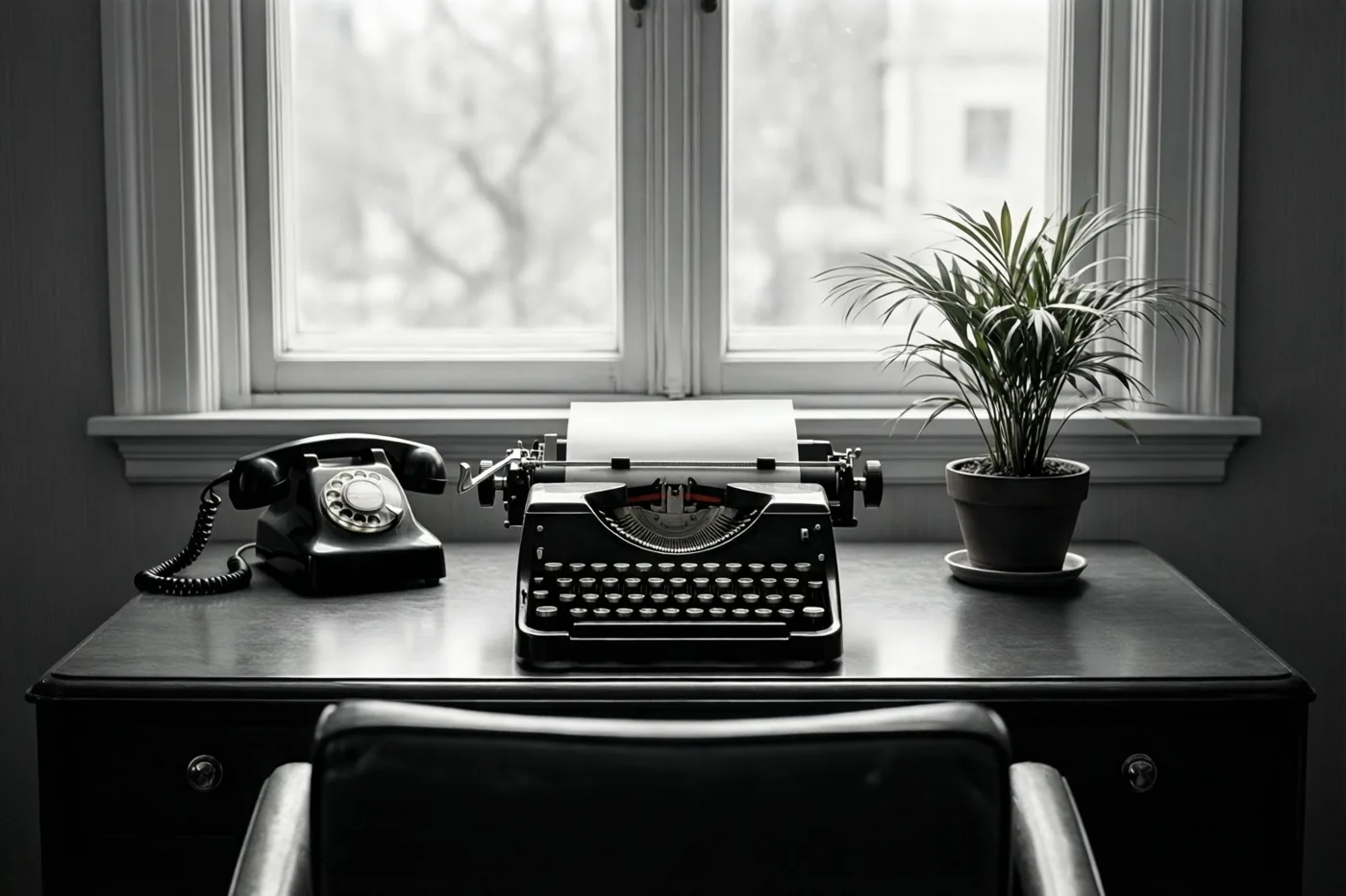 Een zwart-witfoto toont een oud bureau met een typemachine, een draaischijftelefoon en een potplant voor een raam.