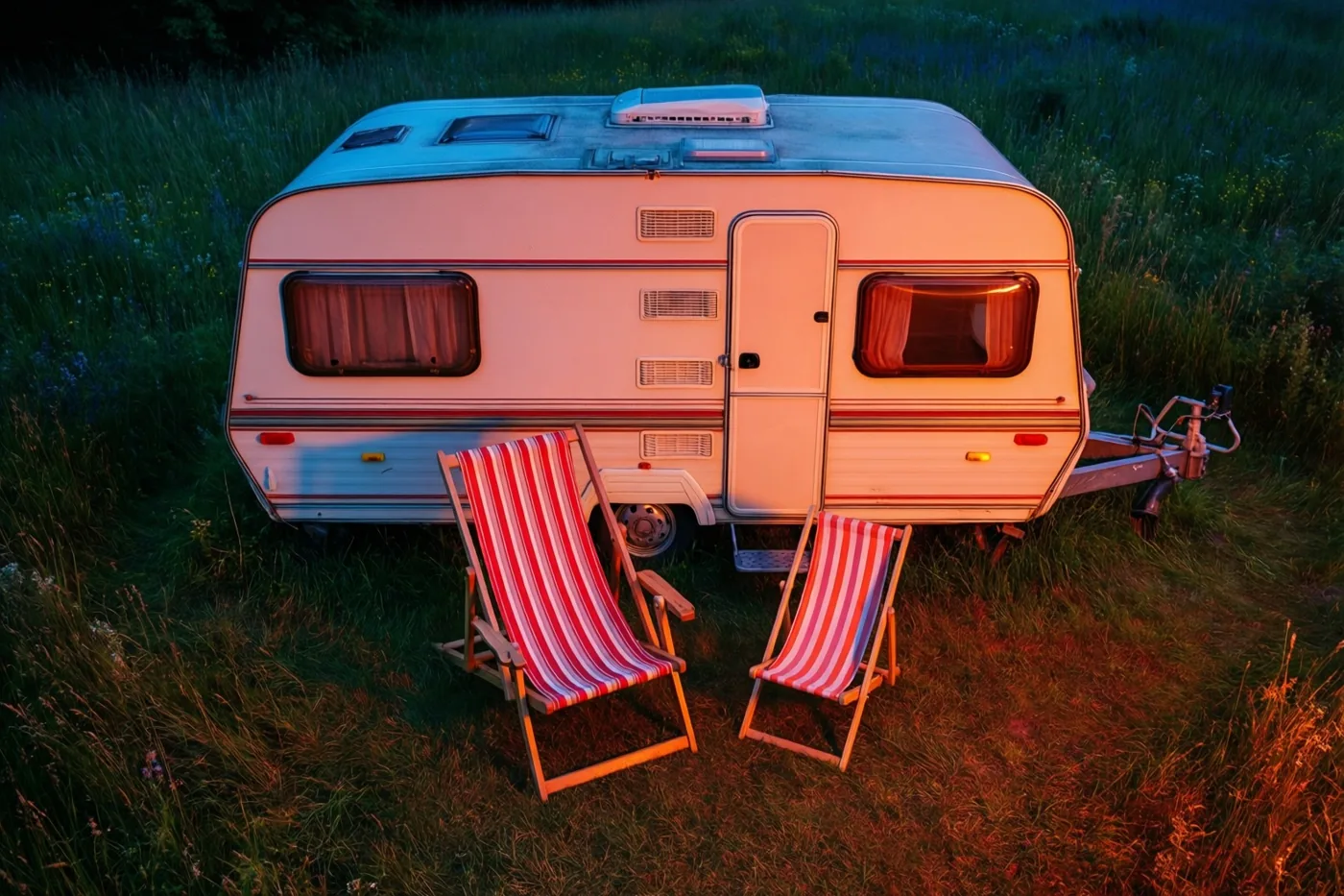 Een caravan in retrostijl staat in een grasweide met twee gestreepte ligstoelen naast elkaar ervoor, in warm goudkleurig licht.