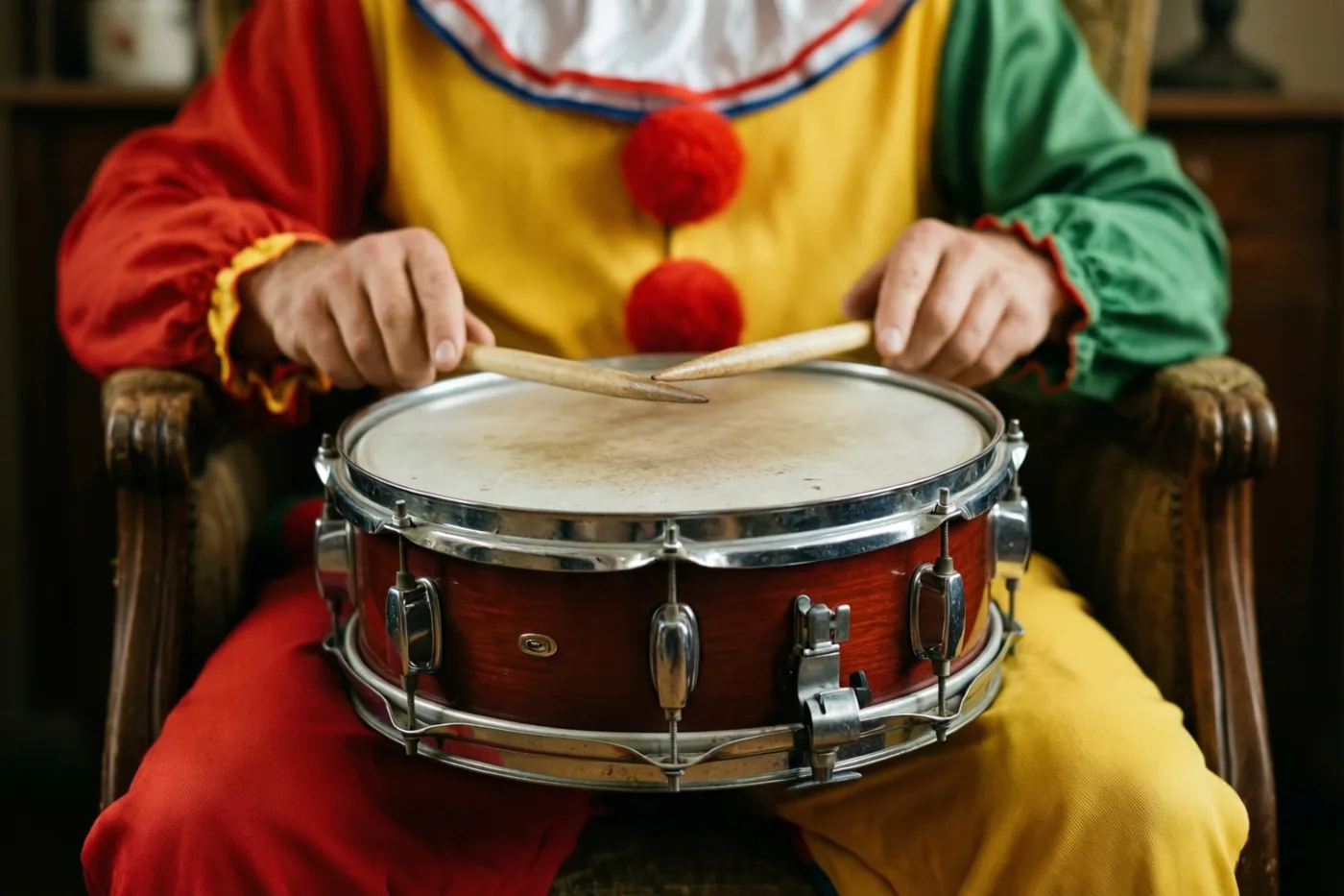 Een persoon in een rood, geel en groen clownskostuum uit de jaren zestig zit op een houten stoel met trommelstokken boven een oude blikken trom op de schoot.