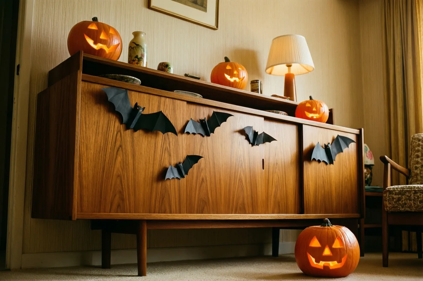 Een houten dressoir in een woonkamer in jarenzestigstijl is versierd met papieren vleermuizen en verlichte uitgesneden pompoenen, in warm oranje en bruin licht.