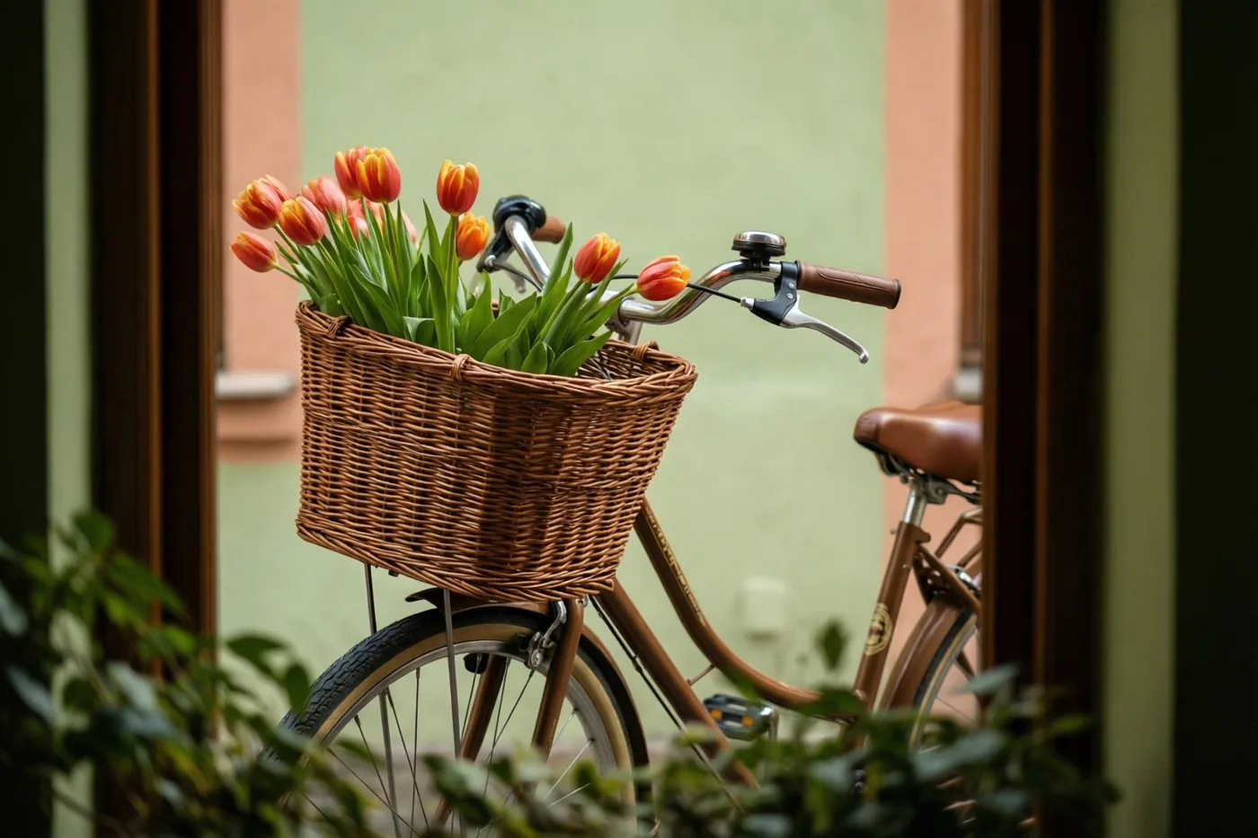 Door een donker houten raamkozijn is een retrofiets met oranje en rode tulpen in een rieten mand te zien, tegen een pastelgroene en perzikkleurige muur met groen gebladerte op de voorgrond.