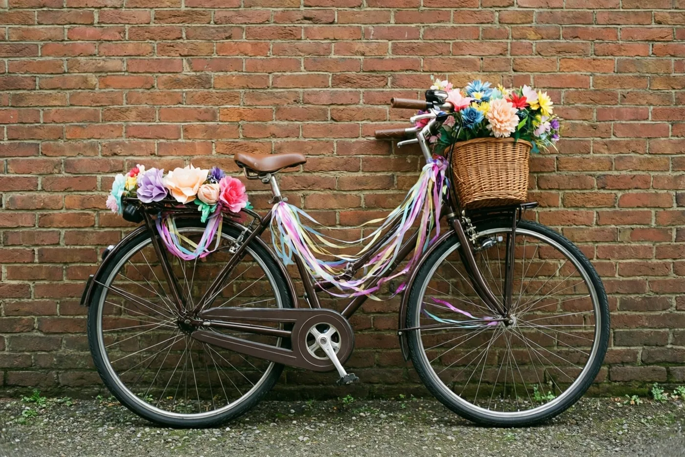 Een fiets in retrostijl met kleurrijke papieren bloemen en slingers leunt tegen een rode bakstenen muur, in bruine, rode en pasteltinten.