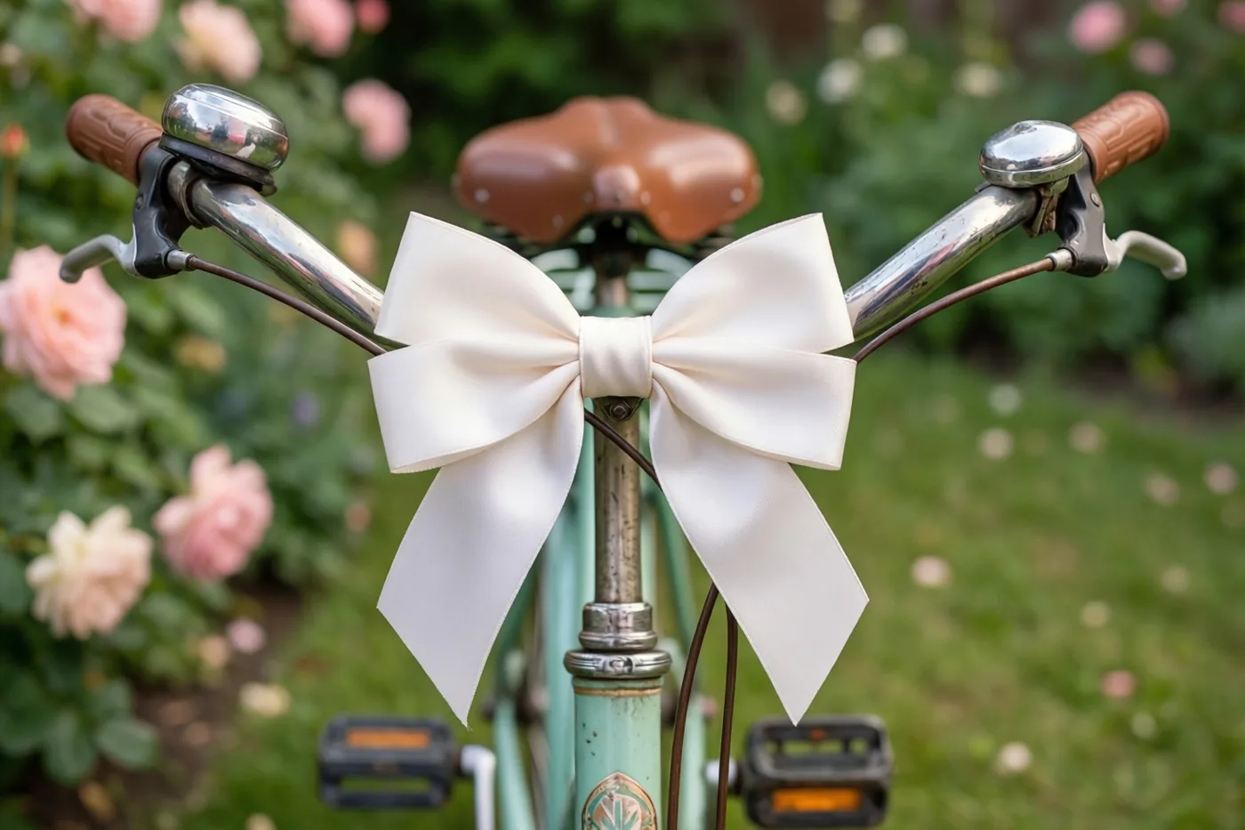 Een oude fiets met een grote witte strik staat in een tuin met roze rozen, in zachte mintgroene, witte en roze tinten.