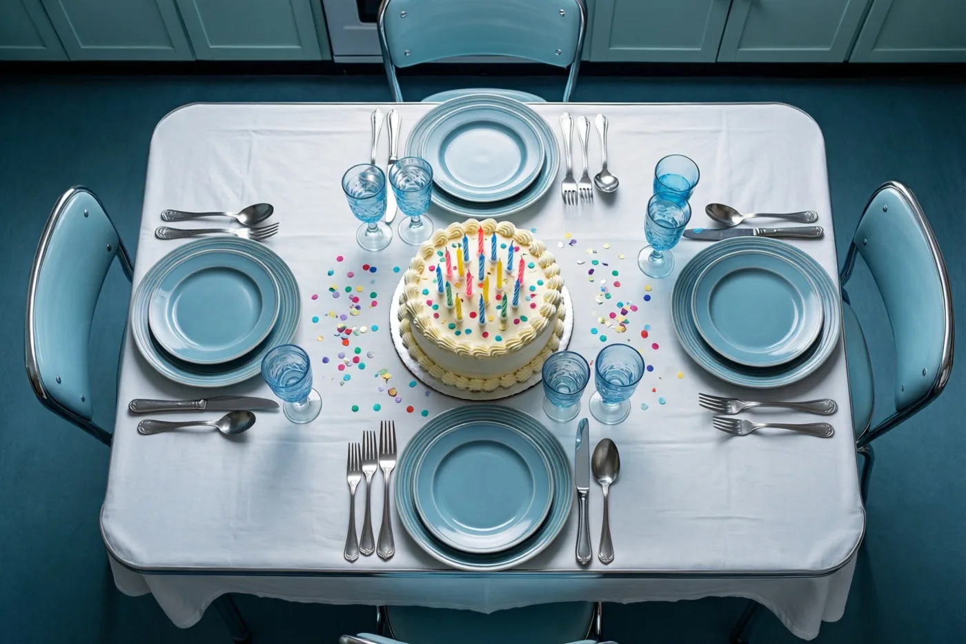 Van bovenaf is een keukentafel in jarenvijftigstijl te zien met een taart met kaarsjes, confetti, lichtblauwe borden en glazen op een wit tafelkleed, omringd door lichtblauwe stoelen en blauwgroene keukenkasten.