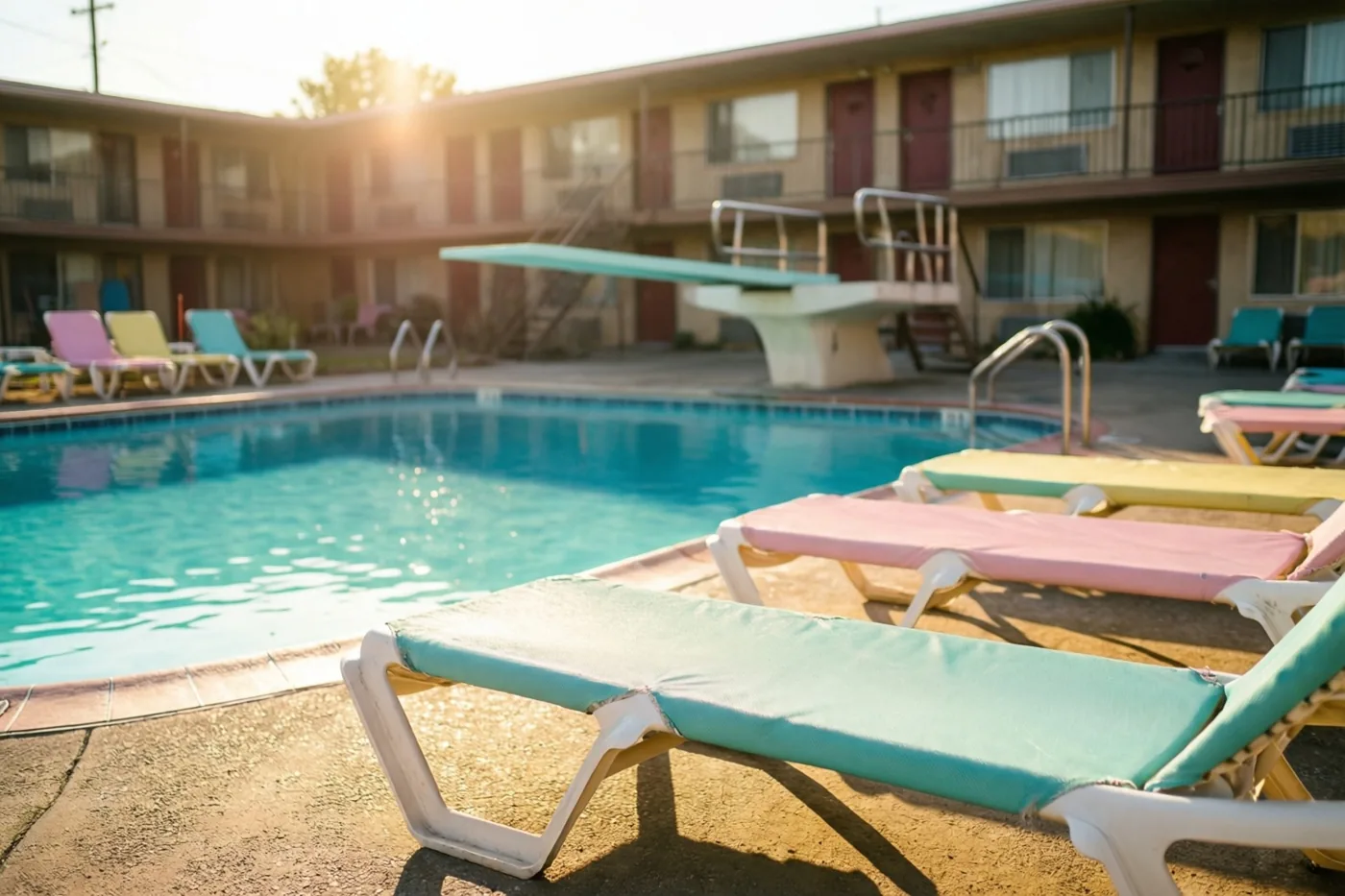 Een motelzwembad in retrostijl met turkoois water is omringd door roze, gele en blauwgroene ligstoelen in fel zonlicht, met een springplank op de achtergrond.