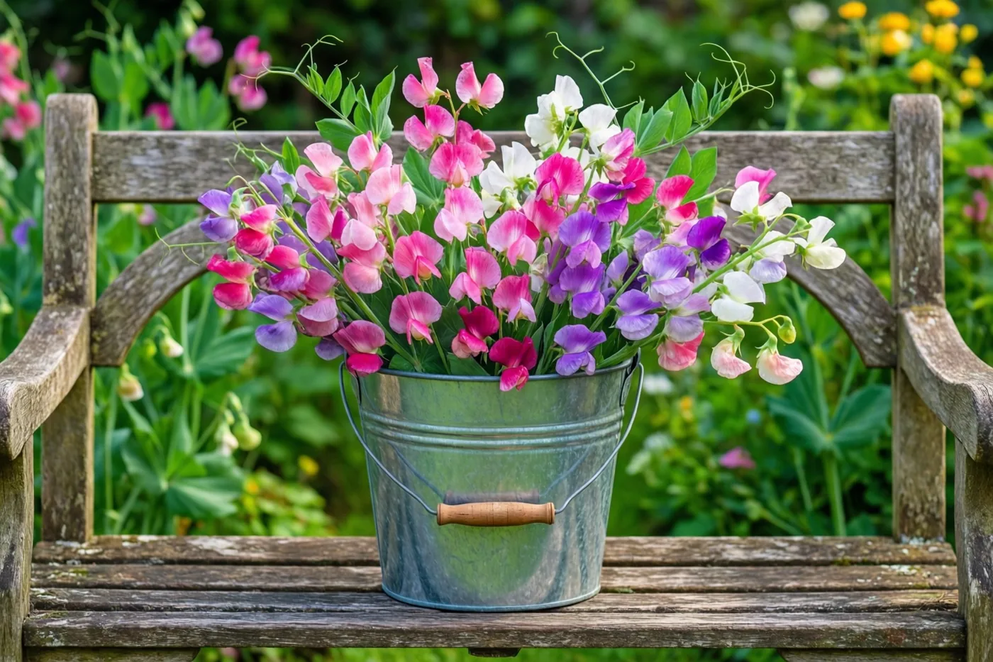 Een zinken emmer vol vers geplukte roze, lila en witte reukerwten staat op een verweerde houten tuinbank in een groene tuin.