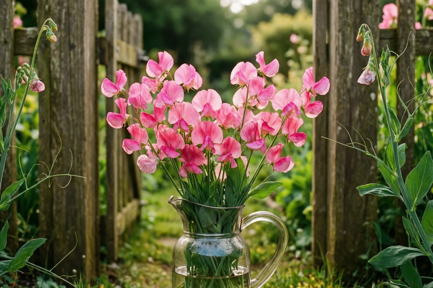 Een glazen kan met roze reukerwten staat op de grond naast een verweerde houten tuinomheining, met groen op de achtergrond.