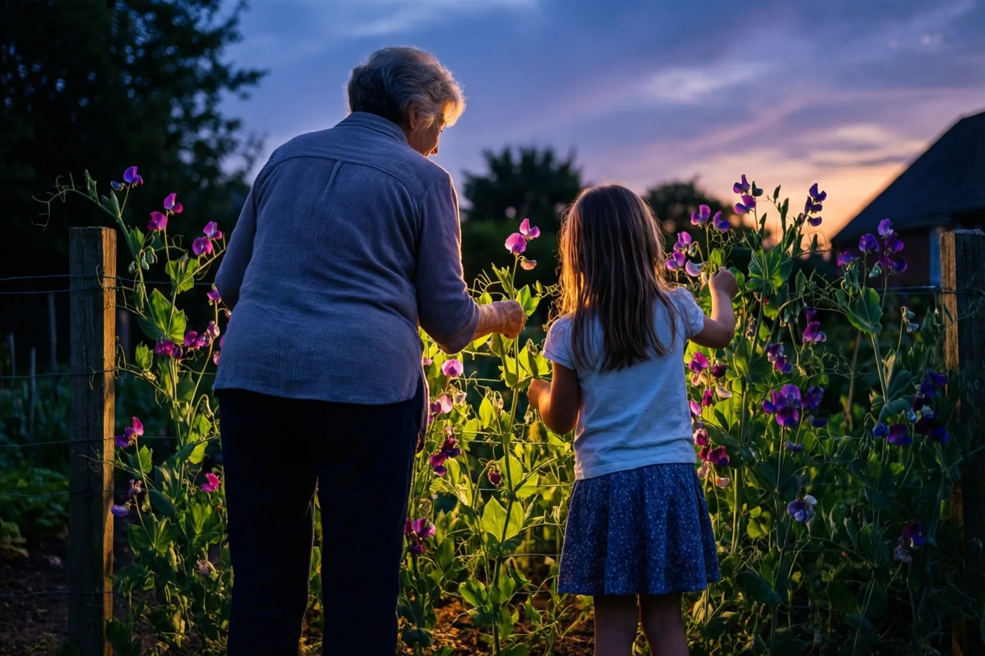 Een oudere vrouw en een jong meisje plukken van achteren gezien reukerwten langs een tuinomheining bij zonsondergang, in goudkleurig licht onder een paarse en oranje hemel.