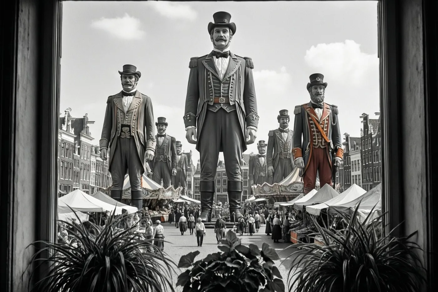 Door een raam is een rij hoge carnavalsreuzen in formele kledij boven een druk marktplein te zien, in zwart-wit met kleur op het uniform van één reus.