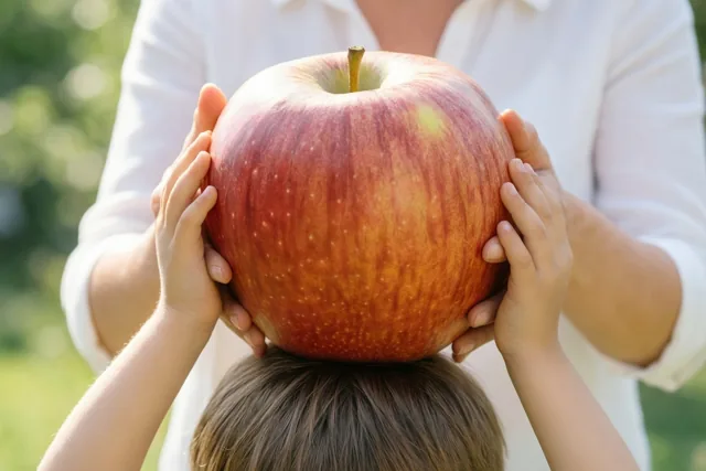 Een kind houdt van achteren gezien een reusachtige rode appel op het hoofd vast, met steun van volwassen handen en groen gebladerte op de achtergrond.