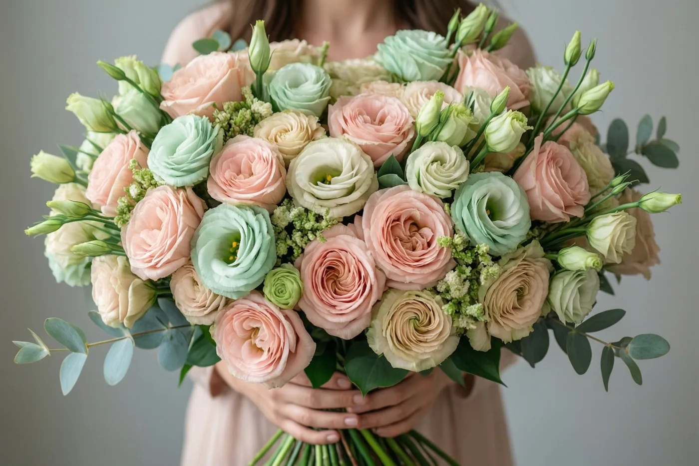 Iemand houdt een groot boeket pastelkleurige rozen en lisianthus vast dat het lichaam helemaal bedekt, voor een neutrale achtergrond in zacht licht.